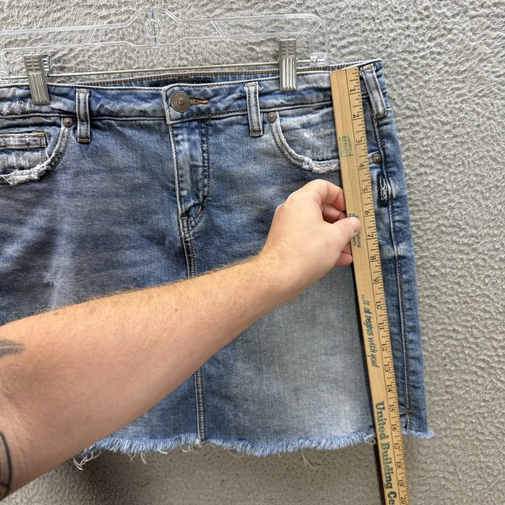 Silver Jeans Skirt Womens 8 Blue Francy Mini Stretch Raw Hem Distressed Denim